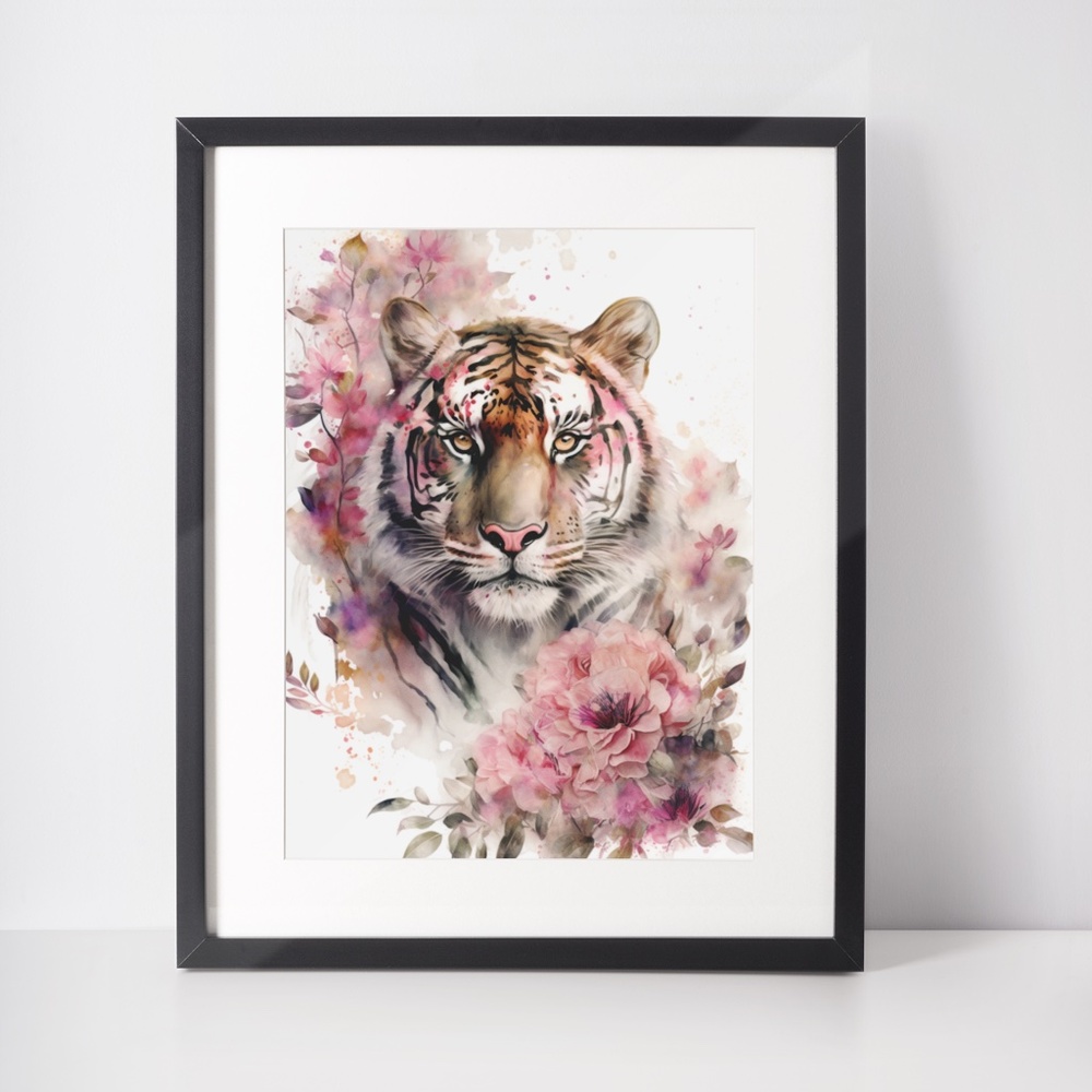 Floral Tiger Watercolor Wall Art Illustration Print Poster Card Unframed - Picture 2 of 6